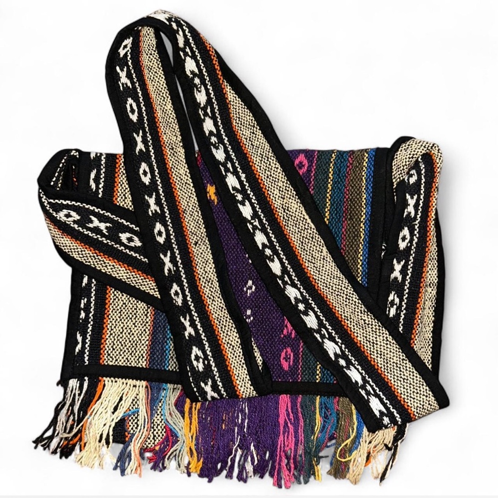NWOT Hand Woven Multicolor Ethnic Boho Crossbody Bag Festival Fringe Flap Pocket